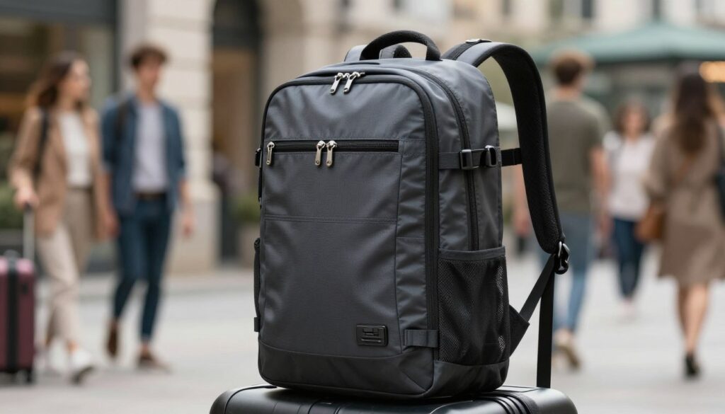 A modern anti-theft travel backpack is displayed prominently in the foreground, showcasing a sleek design with cut-resistant materials and hidden zippers. The middle ground highlights advanced technology features like RFID-blocking pockets and push-button locks, integrating seamlessly into the bag's structure. In the background, a soft-focus urban environment illustrates a travel-friendly atmosphere, with blurred silhouettes of people in smart casual attire, suggesting safety and sophistication. The scene is illuminated by soft, natural lighting that creates an inviting atmosphere, while the camera angle captures the backpack at a dynamic, slightly elevated perspective. The overall mood conveys innovation, security, and practicality, ideal for today’s conscious travelers.