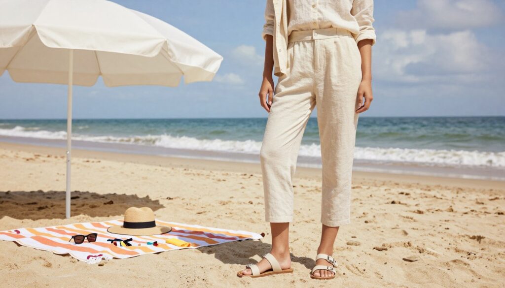 A modern beach scene capturing the essence of weather adaptability through layering and lightweight options for vacationers. In the foreground, showcase a stylishly dressed woman wearing a light, breathable linen shirt paired with chic, cropped trousers and comfortable sandals, transitioning from beachwear to casual attire. Her outfit features a lightweight jacket casually slung over her shoulder. In the middle ground, depict a beach umbrella casting soft shadows on a vibrant beach towel, accessories like sunglasses and a wide-brimmed hat artfully arranged nearby. The background reveals a tranquil beach with gentle waves lapping at the shore under a bright, sunny sky, with a hint of clouds indicating possible changing weather. Use warm, natural lighting to convey a relaxed, inviting atmosphere, shot with a shallow depth of field to highlight the subject. A modern beach scene capturing the essence of weather adaptability through layering and lightweight options for vacationers. In the foreground, showcase a stylishly dressed woman wearing a light, breathable linen shirt paired with chic, cropped trousers and comfortable sandals, transitioning from beachwear to casual attire. Her outfit features a lightweight jacket casually slung over her shoulder. In the middle ground, depict a beach umbrella casting soft shadows on a vibrant beach towel, accessories like sunglasses and a wide-brimmed hat artfully arranged nearby. The background reveals a tranquil beach with gentle waves lapping at the shore under a bright, sunny sky, with a hint of clouds indicating possible changing weather. Use warm, natural lighting to convey a relaxed, inviting atmosphere, shot with a shallow depth of field to highlight the subject.