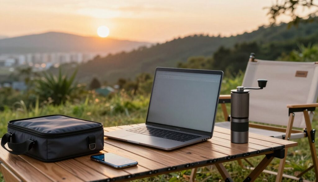A modern mobile workspace setup in a serene outdoor setting, featuring a slim laptop on a rustic wooden table, surrounded by a cozy folding chair and an elegant portable coffee grinder. In the foreground, a travel organizer rests beside a smartphone displaying a video call interface. The middle ground includes lush greenery and a vibrant sunrise peeking over distant hills, casting warm, golden light onto the scene. In the background, subtle hints of a bustling city can be seen, suggesting connectivity. The entire composition should evoke a sense of tranquility and productivity, highlighting the advantages of remote work while traveling. Use soft focus to create a dreamy atmosphere, emphasizing the freedom and flexibility of working from anywhere.