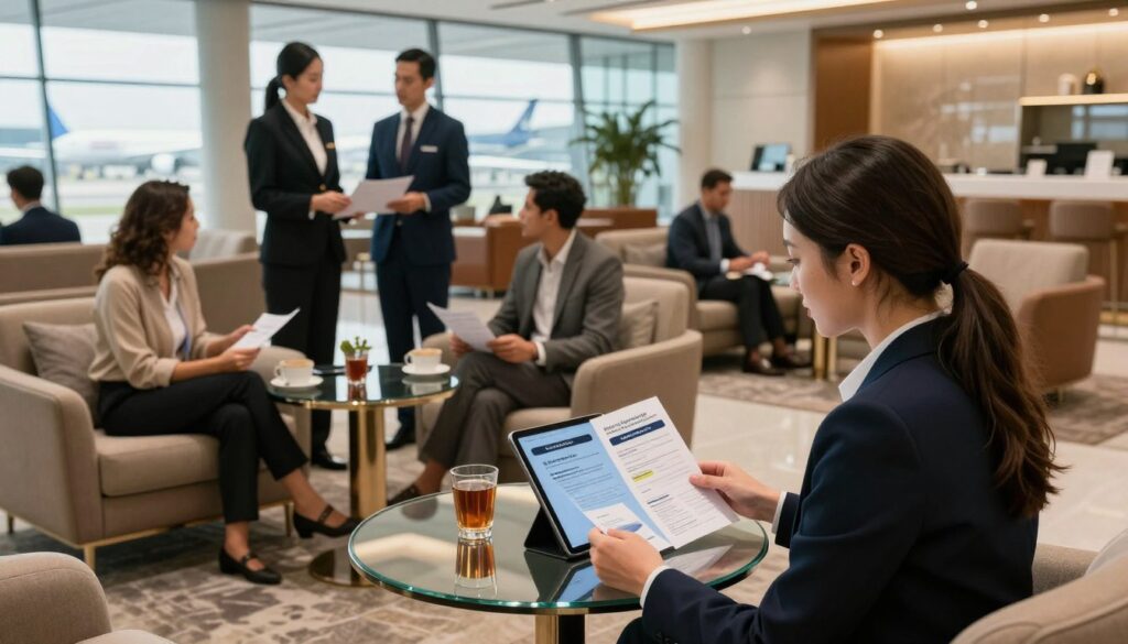A modern, sophisticated airport lounge setting with diverse travelers exploring upgrade options to Business Class. In the foreground, a professional-looking woman in business attire is seated at a sleek glass table, reviewing an elegant pamphlet about seat upgrades on her tablet. In the middle ground, a diverse group of passengers, including a man in a suit discussing options with an airline representative, and a couple examining their upgrade choices over coffee. The background features luxurious lounge decor with plush seating, large windows showing planes on the tarmac, and warm, welcoming lighting that creates an inviting atmosphere. The perspective is slightly elevated, capturing the essence of exploration and decision-making in an upscale travel environment. A modern, sophisticated airport lounge setting with diverse travelers exploring upgrade options to Business Class. In the foreground, a professional-looking woman in business attire is seated at a sleek glass table, reviewing an elegant pamphlet about seat upgrades on her tablet. In the middle ground, a diverse group of passengers, including a man in a suit discussing options with an airline representative, and a couple examining their upgrade choices over coffee. The background features luxurious lounge decor with plush seating, large windows showing planes on the tarmac, and warm, welcoming lighting that creates an inviting atmosphere. The perspective is slightly elevated, capturing the essence of exploration and decision-making in an upscale travel environment.
