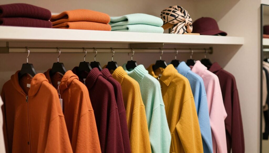 A modern wardrobe display featuring seasonal color combinations, showcasing an array of stylish outfits. In the foreground, a well-organized rack displays vibrant clothing items in autumn hues like burnt orange, deep burgundy, and mustard yellow, alongside fresh spring tones of pastel pink, mint green, and sky blue. In the middle ground, neatly folded sweaters and trendy accessories, such as scarves and hats, highlight the seasonal palette. The background includes a minimalist, chic dressing room setup with soft, ambient lighting that casts a warm glow over the ensembles. The overall atmosphere feels inviting and sophisticated, perfect for inspiring stylish outfit combinations. Shot with a 35mm lens, focusing on textures and colors, capturing each detail to resonate with modern fashion enthusiasts. A modern wardrobe display featuring seasonal color combinations, showcasing an array of stylish outfits. In the foreground, a well-organized rack displays vibrant clothing items in autumn hues like burnt orange, deep burgundy, and mustard yellow, alongside fresh spring tones of pastel pink, mint green, and sky blue. In the middle ground, neatly folded sweaters and trendy accessories, such as scarves and hats, highlight the seasonal palette. The background includes a minimalist, chic dressing room setup with soft, ambient lighting that casts a warm glow over the ensembles. The overall atmosphere feels inviting and sophisticated, perfect for inspiring stylish outfit combinations. Shot with a 35mm lens, focusing on textures and colors, capturing each detail to resonate with modern fashion enthusiasts.
