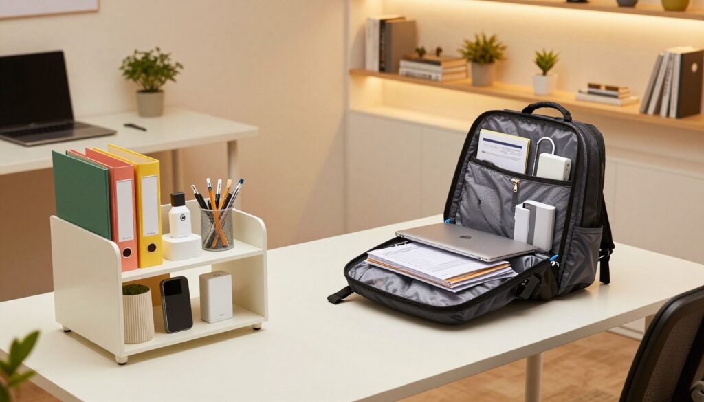 A modern workspace featuring various organizational tools designed to maximize space for digital nomads. In the foreground, a neatly arranged desk holds a compact, multi-tiered shelving unit filled with colorful folders, tech gadgets, and stationery organizers. In the middle, a stylish backpack lies open, showcasing its compartmentalized layout with travel essentials like a laptop, documents, and a portable charger. In the background, a well-lit room displays wall-mounted shelves with plants and books, emphasizing a minimalist aesthetic. The lighting is warm and inviting, creating a cozy yet productive atmosphere. The camera angle is slightly above eye level, offering a wide view of the space effectively utilized for work and travel efficiency. A modern workspace featuring various organizational tools designed to maximize space for digital nomads. In the foreground, a neatly arranged desk holds a compact, multi-tiered shelving unit filled with colorful folders, tech gadgets, and stationery organizers. In the middle, a stylish backpack lies open, showcasing its compartmentalized layout with travel essentials like a laptop, documents, and a portable charger. In the background, a well-lit room displays wall-mounted shelves with plants and books, emphasizing a minimalist aesthetic. The lighting is warm and inviting, creating a cozy yet productive atmosphere. The camera angle is slightly above eye level, offering a wide view of the space effectively utilized for work and travel efficiency.