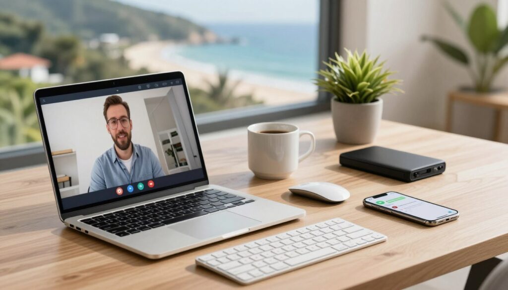 A modern workspace setup showcasing remote work tools and technology. In the foreground, a sleek laptop with an open video conferencing application, surrounded by a wireless mouse, ergonomic keyboard, and a smartphone displaying a messaging app. In the middle ground, a stylish coffee mug and a portable external hard drive, alongside a potted plant for a touch of greenery. The background features a stunning view of a scenic travel destination, perhaps a beach or mountain landscape, visible through a large window. Soft, natural light streams in, creating a warm and inviting atmosphere. The image should evoke a sense of productivity and relaxation, capturing the essence of working remotely while traveling, with a focus on connectivity and efficiency.