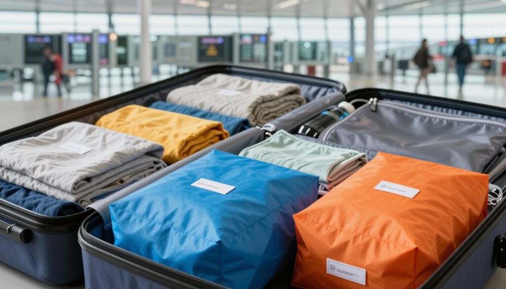 A neat array of colorful packing cubes neatly organized inside an open carry-on bag, showcasing various compartments filled with neatly folded clothes, accessories, and travel essentials. In the foreground, a vibrant blue packing cube sits alongside a bright orange one, both visibly labeled for easy identification. The middle ground features a lightly packed bag showing textures of fabric and zippers, with some additional travel gear like a travel pillow and a water bottle visible. The background includes a soft-focus airport scene with boarding gates and a glimpse of travelers moving about, illuminated by natural light streaming through large windows. The overall mood is organized and efficient, emphasizing the importance of mastering carry-on organization for stress-free travel.