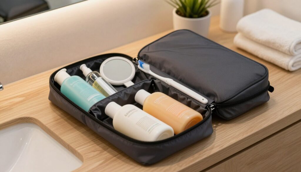 A neatly arranged dopp kit on a wooden bathroom counter, showcasing essential body care items for efficient travel. The kit is made of durable, water-resistant fabric, in a sleek design, partially unzipped to reveal organized compartments. In the foreground, display travel-sized toiletries such as shampoo, conditioner, and lotion bottles, all clearly labeled and color-coordinated. In the middle, include a high-quality toothbrush and a compact mirror. The background features soft, ambient lighting, creating a warm and inviting atmosphere, with hints of natural elements like a small potted plant and towels. The camera angle is slightly above, capturing the neatness and practicality of travel essentials, with focus on the dopp kit's contents.