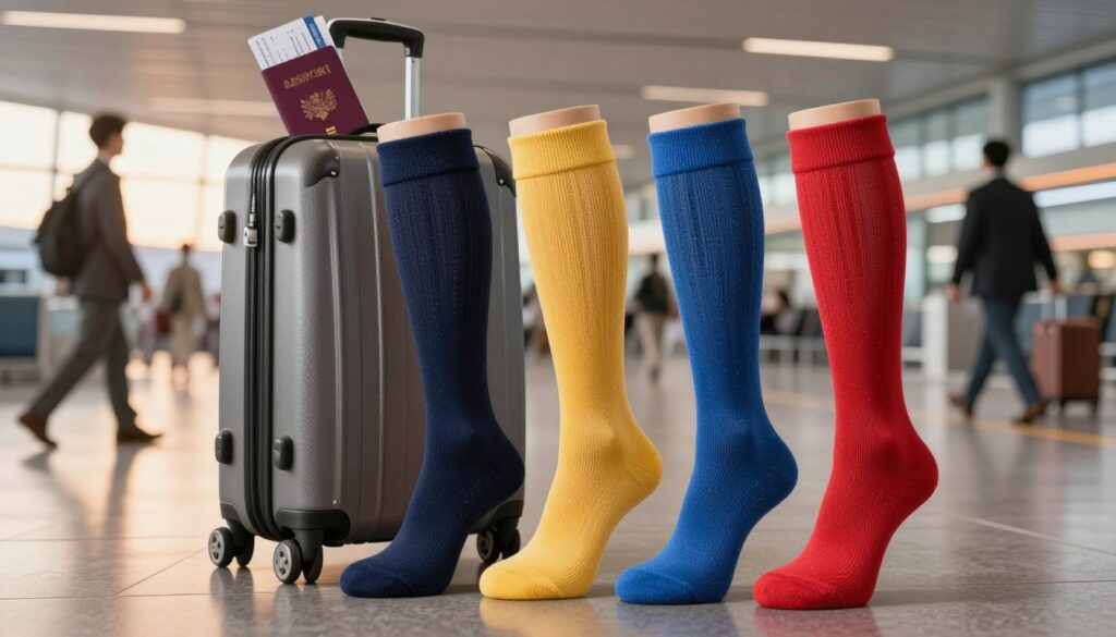 A neatly arranged pair of comfortable compression socks designed for long flights, positioned on a travel-themed background. The foreground features the socks in vibrant, eye-catching colors with a textured look that highlights their compression features. In the middle, display a stylish rolling suitcase and a passport with travel tickets peeking out, suggesting a journey. The background showcases an airplane terminal with softly lit overhead lights, creating a warm and inviting atmosphere. Use a shallow depth of field to keep the focus on the socks while providing a blurred view of travelers in business attire moving in the background. Aim for natural lighting, preferably a late afternoon glow, to evoke a sense of relaxation and comfort during travel. A neatly arranged pair of comfortable compression socks designed for long flights, positioned on a travel-themed background. The foreground features the socks in vibrant, eye-catching colors with a textured look that highlights their compression features. In the middle, display a stylish rolling suitcase and a passport with travel tickets peeking out, suggesting a journey. The background showcases an airplane terminal with softly lit overhead lights, creating a warm and inviting atmosphere. Use a shallow depth of field to keep the focus on the socks while providing a blurred view of travelers in business attire moving in the background. Aim for natural lighting, preferably a late afternoon glow, to evoke a sense of relaxation and comfort during travel.