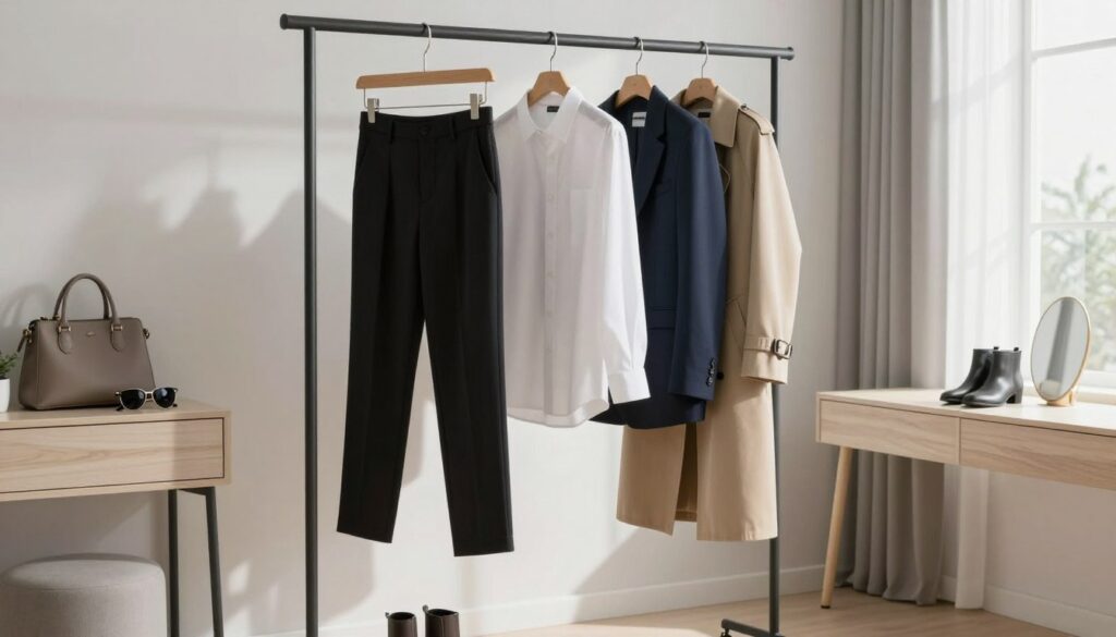 A neatly organized capsule wardrobe displayed on a minimalist rack in a softly lit, modern room. Foreground: a selection of essential clothing items including a classic white shirt, tailored black trousers, a navy blazer, a beige trench coat, and a pair of versatile ankle boots, all hanging elegantly. Middle ground: a stylish, uncluttered vanity featuring accessories like a simple handbag and a pair of chic sunglasses. Background: a large window with sheer curtains allowing natural light to illuminate the space, casting gentle shadows and creating a serene atmosphere. The room's color palette is neutral, with soft whites, greys, and light wood tones that evoke a sense of tranquility and organization, emphasizing the concept of a thoughtfully curated wardrobe. The overall mood is sophisticated, fresh, and inviting. A neatly organized capsule wardrobe displayed on a minimalist rack in a softly lit, modern room. Foreground: a selection of essential clothing items including a classic white shirt, tailored black trousers, a navy blazer, a beige trench coat, and a pair of versatile ankle boots, all hanging elegantly. Middle ground: a stylish, uncluttered vanity featuring accessories like a simple handbag and a pair of chic sunglasses. Background: a large window with sheer curtains allowing natural light to illuminate the space, casting gentle shadows and creating a serene atmosphere. The room's color palette is neutral, with soft whites, greys, and light wood tones that evoke a sense of tranquility and organization, emphasizing the concept of a thoughtfully curated wardrobe. The overall mood is sophisticated, fresh, and inviting.