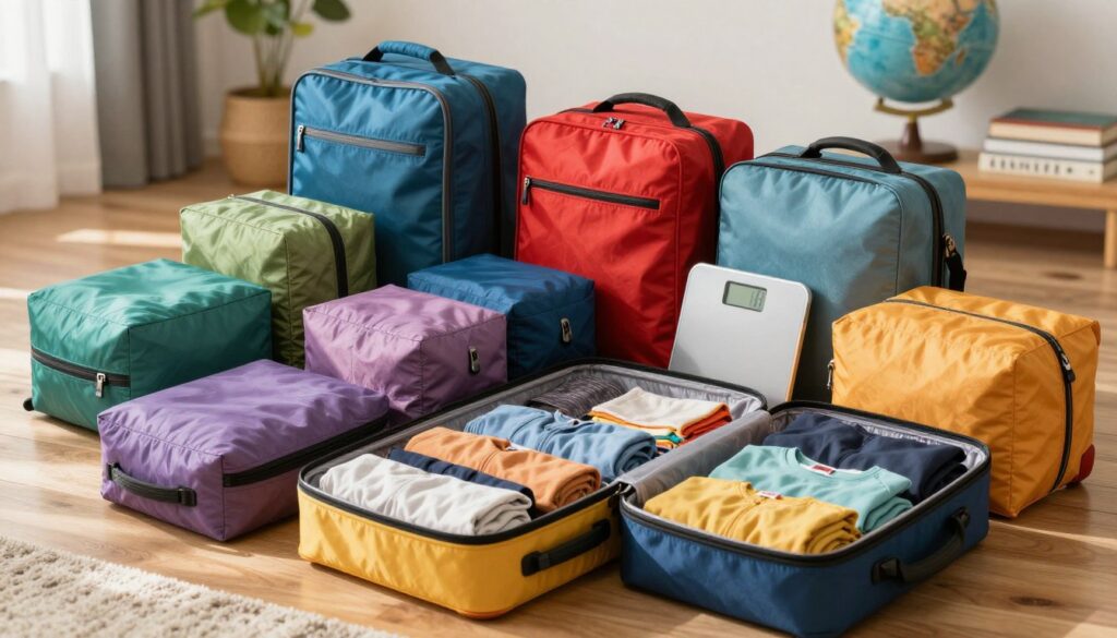 A neatly organized collection of colorful packing cubes and travel bags arranged artistically on a wooden surface, showcasing various sizes and colors. In the foreground, the cubes are unzipped, revealing neatly folded clothing and accessories, emphasizing organization and practicality. The middle ground features fashionable yet functional travel bags in vibrant hues, with a digital luggage scale resting beside them, suggesting efficiency. The background is softly blurred, with a cozy travel-themed decor, like a globe and travel books, to add warmth and context. Soft, natural lighting filters in from the side, creating gentle shadows and highlighting the textures of the fabrics. The overall mood is inviting and inspiring, perfect for travel enthusiasts planning their next adventure. A neatly organized collection of colorful packing cubes and travel bags arranged artistically on a wooden surface, showcasing various sizes and colors. In the foreground, the cubes are unzipped, revealing neatly folded clothing and accessories, emphasizing organization and practicality. The middle ground features fashionable yet functional travel bags in vibrant hues, with a digital luggage scale resting beside them, suggesting efficiency. The background is softly blurred, with a cozy travel-themed decor, like a globe and travel books, to add warmth and context. Soft, natural lighting filters in from the side, creating gentle shadows and highlighting the textures of the fabrics. The overall mood is inviting and inspiring, perfect for travel enthusiasts planning their next adventure.