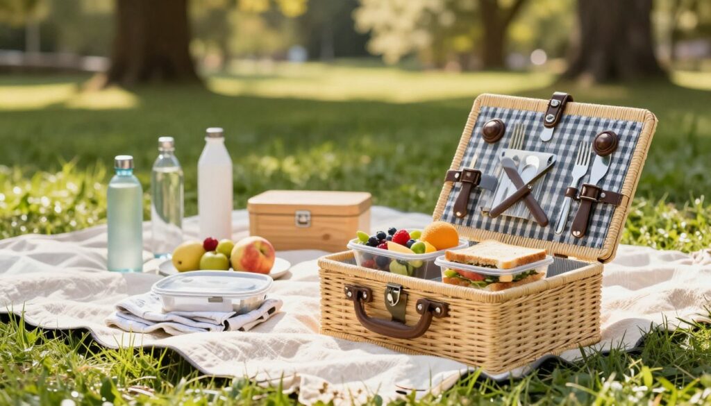 A neatly organized picnic scene showcasing smart packing for on-the-go dining. In the foreground, a stylish, minimalist picnic basket filled with reusable containers, cloth napkins, and a stainless steel cutlery set. A vibrant array of fresh fruits and a homemade sandwich peeks out from one container, reflecting a zero-waste approach. In the middle, a comfortable blanket lays on a lush green grass surface, paired with eco-friendly water bottles and a portable bamboo lunchbox. The background features soft sunlight filtering through leafy trees, creating a warm, inviting atmosphere. Shot with a shallow depth of field to emphasize the packed items while blurring the background ever so slightly, enhancing the peaceful outdoor vibe. The mood is relaxed, emphasizing sustainability and smart packing choices for an enjoyable, eco-friendly meal outdoors. A neatly organized picnic scene showcasing smart packing for on-the-go dining. In the foreground, a stylish, minimalist picnic basket filled with reusable containers, cloth napkins, and a stainless steel cutlery set. A vibrant array of fresh fruits and a homemade sandwich peeks out from one container, reflecting a zero-waste approach. In the middle, a comfortable blanket lays on a lush green grass surface, paired with eco-friendly water bottles and a portable bamboo lunchbox. The background features soft sunlight filtering through leafy trees, creating a warm, inviting atmosphere. Shot with a shallow depth of field to emphasize the packed items while blurring the background ever so slightly, enhancing the peaceful outdoor vibe. The mood is relaxed, emphasizing sustainability and smart packing choices for an enjoyable, eco-friendly meal outdoors.