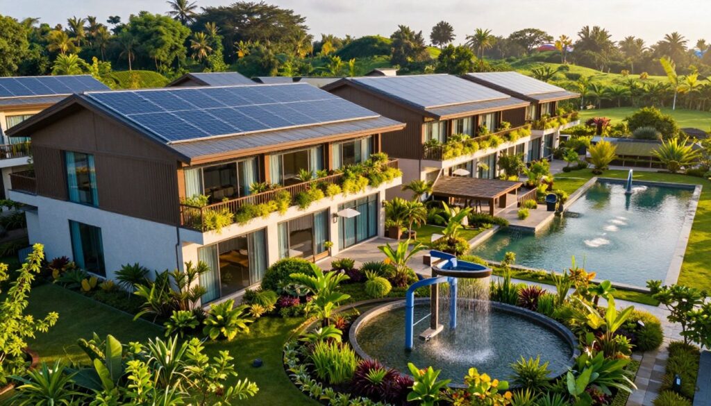 A panoramic view of a luxurious eco-friendly hotel designed for water conservation and waste reduction, set against a lush green landscape. In the foreground, showcase a sustainable garden filled with native plants and a rainwater collection system. In the middle, feature a modern hotel building with solar panels on the roof, large glass windows reflecting natural lighting, and a balcony adorned with greenery. In the background, depict a serene water feature that highlights the hotel’s commitment to water conservation. The scene is bathed in golden sunlight, creating a warm and inviting atmosphere. Use a wide-angle lens to capture the grandeur of the hotel and its integration with nature. The overall mood should evoke tranquility and sustainability, reflecting the unique practices of leading eco-friendly hotels. A panoramic view of a luxurious eco-friendly hotel designed for water conservation and waste reduction, set against a lush green landscape. In the foreground, showcase a sustainable garden filled with native plants and a rainwater collection system. In the middle, feature a modern hotel building with solar panels on the roof, large glass windows reflecting natural lighting, and a balcony adorned with greenery. In the background, depict a serene water feature that highlights the hotel’s commitment to water conservation. The scene is bathed in golden sunlight, creating a warm and inviting atmosphere. Use a wide-angle lens to capture the grandeur of the hotel and its integration with nature. The overall mood should evoke tranquility and sustainability, reflecting the unique practices of leading eco-friendly hotels.