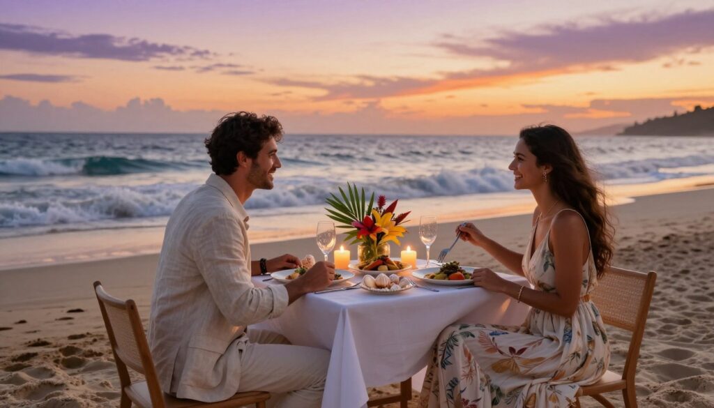 A picturesque beach setting during golden hour, featuring a stylish table set for dinner on the sand. In the foreground, a couple wearing elegant evening outfits—him in a light linen blazer and slacks, her in a flowing sundress with subtle floral patterns—interact joyfully over a gourmet meal. In the middle ground, soft glimmers of candlelight reflect off a cozy dinner setup adorned with seashells and tropical flowers, suggesting a romantic ambiance. The background showcases gently crashing waves and a vibrant sunset sky painted in hues of orange and purple, enhancing the tranquil atmosphere. Natural lighting casts a warm glow over the scene, evoking feelings of relaxation and sophistication, ideal for a fashionable beach vacation dinner. A picturesque beach setting during golden hour, featuring a stylish table set for dinner on the sand. In the foreground, a couple wearing elegant evening outfits—him in a light linen blazer and slacks, her in a flowing sundress with subtle floral patterns—interact joyfully over a gourmet meal. In the middle ground, soft glimmers of candlelight reflect off a cozy dinner setup adorned with seashells and tropical flowers, suggesting a romantic ambiance. The background showcases gently crashing waves and a vibrant sunset sky painted in hues of orange and purple, enhancing the tranquil atmosphere. Natural lighting casts a warm glow over the scene, evoking feelings of relaxation and sophistication, ideal for a fashionable beach vacation dinner.