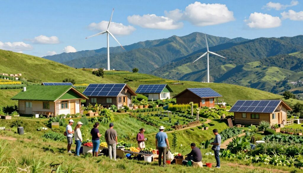 A picturesque landscape representing global sustainable destinations, showcasing a vibrant, eco-friendly village nestled among lush green hills. In the foreground, a small group of diverse travelers in modest casual clothing, enjoying a local farmer's market overflowing with organic produce. The middle ground features charming, solar-powered cottages with green roofs, surrounded by thriving gardens and wind turbines gently spinning in the breeze. In the background, majestic mountains rise under a bright blue sky, with a few fluffy clouds scattered about. The scene is bathed in warm, natural sunlight, evoking a sense of harmony and tranquility. Capture this scene from a slightly elevated angle to emphasize the interconnectedness of nature and sustainable living. A picturesque landscape representing global sustainable destinations, showcasing a vibrant, eco-friendly village nestled among lush green hills. In the foreground, a small group of diverse travelers in modest casual clothing, enjoying a local farmer's market overflowing with organic produce. The middle ground features charming, solar-powered cottages with green roofs, surrounded by thriving gardens and wind turbines gently spinning in the breeze. In the background, majestic mountains rise under a bright blue sky, with a few fluffy clouds scattered about. The scene is bathed in warm, natural sunlight, evoking a sense of harmony and tranquility. Capture this scene from a slightly elevated angle to emphasize the interconnectedness of nature and sustainable living.