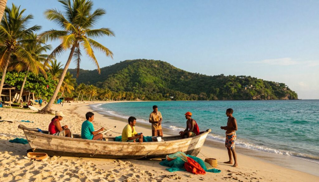 A picturesque scene depicting authentic local island life experiences on a lesser-known beach. In the foreground, a small wooden fishing boat rests on the sandy shore, beside a group of locals in modest casual clothing, engaging in traditional fishing practices. They are smiling and sharing stories, surrounded by colorful nets and fishing gear. The middle ground captures a clear turquoise sea gently lapping the shore, dotted with palm trees swaying in the soft breeze. In the background, lush green hills rise against a brilliant blue sky, illuminated by warm, golden sunlight during the early evening. The atmosphere is serene and inviting, evoking a sense of community and connection to nature in this hidden paradise. A picturesque scene depicting authentic local island life experiences on a lesser-known beach. In the foreground, a small wooden fishing boat rests on the sandy shore, beside a group of locals in modest casual clothing, engaging in traditional fishing practices. They are smiling and sharing stories, surrounded by colorful nets and fishing gear. The middle ground captures a clear turquoise sea gently lapping the shore, dotted with palm trees swaying in the soft breeze. In the background, lush green hills rise against a brilliant blue sky, illuminated by warm, golden sunlight during the early evening. The atmosphere is serene and inviting, evoking a sense of community and connection to nature in this hidden paradise.