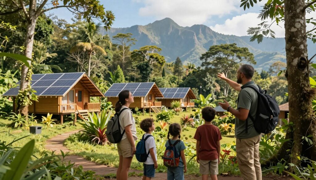 A picturesque scene illustrating the concept of sustainable tourism, featuring a diverse group of travelers engaging with nature and local culture. In the foreground, a family of four, dressed in modest casual clothing, enjoys a guided tour of a lush rainforest, interacting with a knowledgeable local guide. In the middle ground, eco-friendly lodges are nestled among trees, with solar panels and lush gardens visible. The background showcases majestic mountains under a clear blue sky, emphasizing harmony with nature. Soft, natural sunlight filters through the foliage, creating a warm and inviting atmosphere. The overall mood captures the essence of responsible travel and respect for the environment, inspiring viewers to embrace sustainable practices.