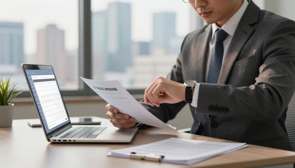 A professional business setting featuring a sleek office desk in the foreground, adorned with a laptop displaying a calendar app, indicating the ideal dates for a timing upgrade request. In the middle, a well-dressed business person, wearing a tailored suit, thoughtfully reviews documents while checking their watch, embodying a sense of urgency and determination. The background showcases a large window with a view of a bustling city skyline, illuminated by soft, natural daylight filtering in, creating a warm and inviting atmosphere. The overall mood is focused and ambitious, suggesting the importance of timing in securing a successful upgrade. Camera angle at eye level, with a slight depth of field to enhance the subject's engagement in the task at hand. A professional business setting featuring a sleek office desk in the foreground, adorned with a laptop displaying a calendar app, indicating the ideal dates for a timing upgrade request. In the middle, a well-dressed business person, wearing a tailored suit, thoughtfully reviews documents while checking their watch, embodying a sense of urgency and determination. The background showcases a large window with a view of a bustling city skyline, illuminated by soft, natural daylight filtering in, creating a warm and inviting atmosphere. The overall mood is focused and ambitious, suggesting the importance of timing in securing a successful upgrade. Camera angle at eye level, with a slight depth of field to enhance the subject's engagement in the task at hand.