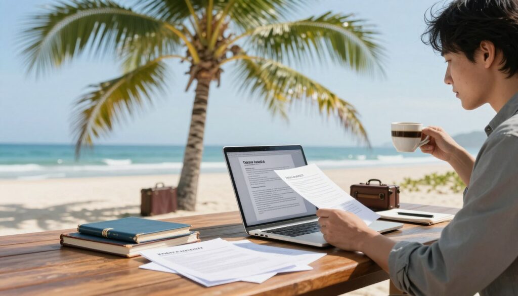 A professional workspace set against a tropical beach background, depicting a laptop on a wooden table surrounded by legal documents and travel guides. In the foreground, a person dressed in smart casual attire, focused on their work, reviewing papers while sipping coffee. The middle ground features a large palm tree swaying gently, with a clear blue sky overhead. In the background, distant ocean waves create a calm atmosphere, while a small suitcase adds a touch of travel. The lighting is bright and airy, suggesting a sunny day, with soft shadows cast by the palm leaves. The mood conveys a blend of productivity and relaxation, capturing the essence of working remotely while traveling and navigating legal challenges.