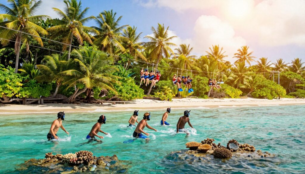 A scenic beach destination showcasing thrilling water adventures: in the foreground, a diverse group of individuals clad in modest casual clothing, wearing snorkeling gear and fins, diving into vibrant turquoise waters filled with colorful coral reefs and fish. In the middle ground, a zip line stretches across lush tropical foliage, with another group enjoying the exhilarating experience from above, all framed by palm trees swaying gently in the sun. In the background, a stunning sunlit sky enhances the mood, casting a warm, inviting glow over the entire scene. The composition captures a sense of excitement and adventure, inviting viewers to imagine themselves experiencing these unique activities. The lighting is bright and natural, emphasizing the outdoor environment and the energetic vibe of the beach activities. A scenic beach destination showcasing thrilling water adventures: in the foreground, a diverse group of individuals clad in modest casual clothing, wearing snorkeling gear and fins, diving into vibrant turquoise waters filled with colorful coral reefs and fish. In the middle ground, a zip line stretches across lush tropical foliage, with another group enjoying the exhilarating experience from above, all framed by palm trees swaying gently in the sun. In the background, a stunning sunlit sky enhances the mood, casting a warm, inviting glow over the entire scene. The composition captures a sense of excitement and adventure, inviting viewers to imagine themselves experiencing these unique activities. The lighting is bright and natural, emphasizing the outdoor environment and the energetic vibe of the beach activities.