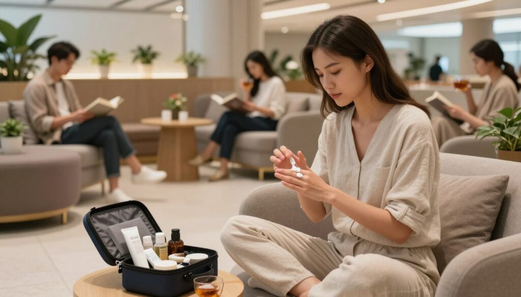 A serene airport lounge scene focused on pre-flight body care rituals. In the foreground, a young woman in modest, comfortable clothing sits cross-legged on a plush seating area, applying soothing moisturizer to her hands. A travel-size kit filled with skincare essentials is neatly arranged beside her. In the middle ground, a calming ambiance is created with soft lighting that highlights the cozy lounge's modern decor, featuring plants and minimalist furniture. In the background, passengers are seen peacefully reading or sipping on herbal tea, contributing to a relaxed atmosphere. The lens captures this intimate moment from a slight angle, evoking a mood of tranquility and preparation. The overall color palette consists of warm neutrals, enhancing the sense of comfort and self-care before the journey ahead. A serene airport lounge scene focused on pre-flight body care rituals. In the foreground, a young woman in modest, comfortable clothing sits cross-legged on a plush seating area, applying soothing moisturizer to her hands. A travel-size kit filled with skincare essentials is neatly arranged beside her. In the middle ground, a calming ambiance is created with soft lighting that highlights the cozy lounge's modern decor, featuring plants and minimalist furniture. In the background, passengers are seen peacefully reading or sipping on herbal tea, contributing to a relaxed atmosphere. The lens captures this intimate moment from a slight angle, evoking a mood of tranquility and preparation. The overall color palette consists of warm neutrals, enhancing the sense of comfort and self-care before the journey ahead.