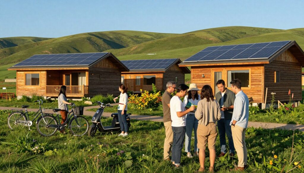 A serene eco-friendly accommodation nestled in a lush green landscape, featuring wooden structures with solar panels on the roofs. In the foreground, a diverse group of travelers—dressed in modest casual clothing—are discussing plans while looking at a sustainable travel guide. In the middle ground, there are bicycles and electric scooters parked, indicating a focus on sustainable transportation. The background showcases rolling hills and a clear blue sky, with hints of wildflowers in vibrant colors. The lighting is warm and natural, suggesting late afternoon sun, creating a welcoming and peaceful atmosphere. Capture the essence of responsible travel choices and community interaction in a harmonious environment.