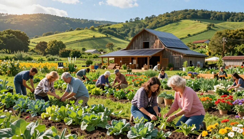 A serene eco-friendly travel experience in a lush, green setting. In the foreground, a diverse group of travelers of various ages, dressed in modest, casual clothing, are participating in a hands-on organic farming workshop. They are surrounded by thriving vegetable plants and vibrant flowers. In the middle ground, a rustic wooden barn serves as a backdrop, with solar panels on the roof, symbolizing sustainable practices. The background features rolling hills adorned with more farms and trees under a bright blue sky, touched by soft, golden sunlight filtering through. The atmosphere is joyful and vibrant, conveying a sense of connection to nature and community. The angle captures the scene in a slightly elevated view, showcasing the beauty of the landscape. A serene eco-friendly travel experience in a lush, green setting. In the foreground, a diverse group of travelers of various ages, dressed in modest, casual clothing, are participating in a hands-on organic farming workshop. They are surrounded by thriving vegetable plants and vibrant flowers. In the middle ground, a rustic wooden barn serves as a backdrop, with solar panels on the roof, symbolizing sustainable practices. The background features rolling hills adorned with more farms and trees under a bright blue sky, touched by soft, golden sunlight filtering through. The atmosphere is joyful and vibrant, conveying a sense of connection to nature and community. The angle captures the scene in a slightly elevated view, showcasing the beauty of the landscape.