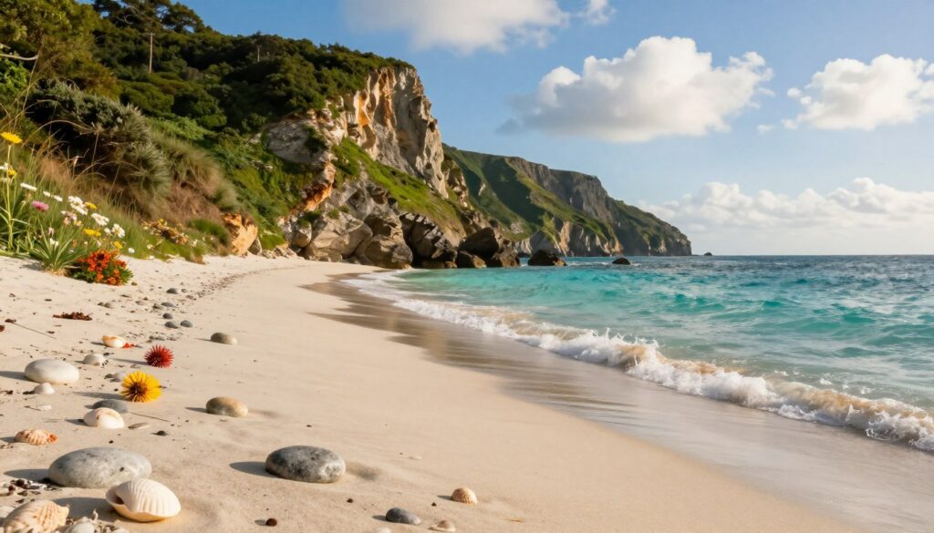 A serene hidden coastal spot featuring a pristine, secluded beach bordered by lush cliffs. In the foreground, soft white sand gently leads to gentle turquoise waves lapping the shore, with scattered smooth pebbles and vibrant seashells. The middle ground includes a scattering of wildflowers and hardy coastal plants, adding splashes of color. In the background, towering cliffs rise dramatically, with verdant greenery cascading down toward the coastline, under a bright blue sky dotted with fluffy white clouds. The scene is bathed in warm, golden-hour light, creating a tranquil and inviting atmosphere. The angle captures both the beauty of the beach and the majesty of the cliffs, emphasizing this lesser-known paradise. A serene hidden coastal spot featuring a pristine, secluded beach bordered by lush cliffs. In the foreground, soft white sand gently leads to gentle turquoise waves lapping the shore, with scattered smooth pebbles and vibrant seashells. The middle ground includes a scattering of wildflowers and hardy coastal plants, adding splashes of color. In the background, towering cliffs rise dramatically, with verdant greenery cascading down toward the coastline, under a bright blue sky dotted with fluffy white clouds. The scene is bathed in warm, golden-hour light, creating a tranquil and inviting atmosphere. The angle captures both the beauty of the beach and the majesty of the cliffs, emphasizing this lesser-known paradise.