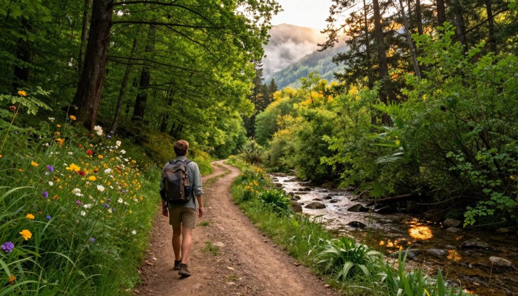 A serene, hidden travel destination set in a lush, green forest, showcasing an unmarked dirt path winding through tall trees that create a natural canopy. In the foreground, a modestly dressed traveler with a backpack pauses to admire vibrant wildflowers. In the middle, a gentle stream sparkles in soft sunlight, reflecting the colors of the surrounding foliage. The background features distant mountains shrouded in mist, giving a sense of adventure and tranquility. The lighting is warm and inviting, enhancing the rich greens and earthy browns of the landscape. Capture the mood of exploration and the beauty of nature, highlighting the essence of discovering off the beaten path treasures. The scene should inspire a sense of peace and eco-conscious travel. A serene, hidden travel destination set in a lush, green forest, showcasing an unmarked dirt path winding through tall trees that create a natural canopy. In the foreground, a modestly dressed traveler with a backpack pauses to admire vibrant wildflowers. In the middle, a gentle stream sparkles in soft sunlight, reflecting the colors of the surrounding foliage. The background features distant mountains shrouded in mist, giving a sense of adventure and tranquility. The lighting is warm and inviting, enhancing the rich greens and earthy browns of the landscape. Capture the mood of exploration and the beauty of nature, highlighting the essence of discovering off the beaten path treasures. The scene should inspire a sense of peace and eco-conscious travel.