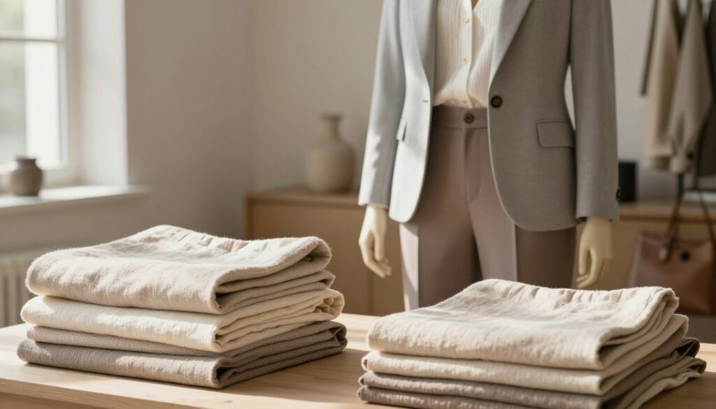 A serene indoor setting showcasing a neutral color palette, with a focus on textures and subtle details. In the foreground, a well-organized array of neatly folded fabrics in soft beige, cream, and taupe, emphasizing various textures like linen, wool, and cotton. In the middle ground, a stylish outfit displayed on a mannequin, featuring a tailored light gray blazer over a textured white blouse, paired with taupe trousers. The outfit is accessorized with a simple leather bag and understated jewelry, highlighting sophistication. Soft, diffused morning light streams in from a nearby window, casting gentle shadows and creating a warm, inviting atmosphere. The background remains slightly blurred, showcasing soft, neutral-toned decor elements, enhancing the overall ambiance of understated elegance.