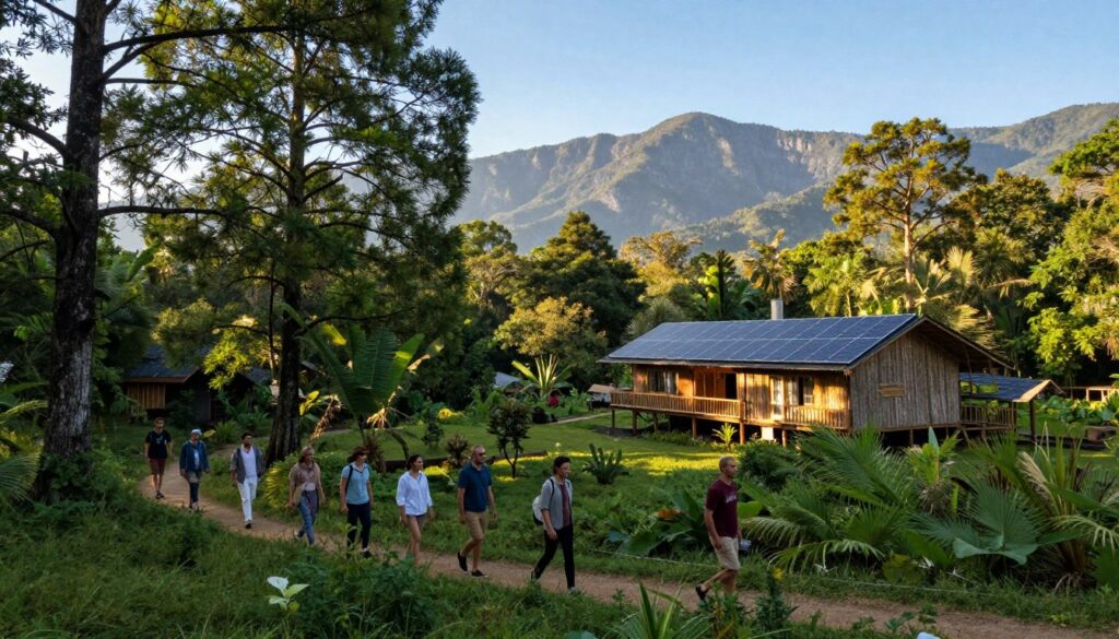 A serene landscape depicting sustainable tourism, featuring a lush green forest in the foreground with a diverse group of eco-conscious travelers wearing modest casual clothing, exploring nature trails. In the middle ground, a sustainable eco-lodge made from natural materials blends harmoniously with the environment, showcasing solar panels on the roof. In the background, majestic mountains rise under a clear blue sky with soft, warm sunlight filtering through the trees, creating a tranquil and inviting atmosphere. The scene captures the essence of responsible travel, emphasizing harmony with nature and respect for local cultures. Use a wide-angle lens to encompass the beauty of the landscape, with gentle, natural lighting that enhances the peaceful mood of the setting. A serene landscape depicting sustainable tourism, featuring a lush green forest in the foreground with a diverse group of eco-conscious travelers wearing modest casual clothing, exploring nature trails. In the middle ground, a sustainable eco-lodge made from natural materials blends harmoniously with the environment, showcasing solar panels on the roof. In the background, majestic mountains rise under a clear blue sky with soft, warm sunlight filtering through the trees, creating a tranquil and inviting atmosphere. The scene captures the essence of responsible travel, emphasizing harmony with nature and respect for local cultures. Use a wide-angle lens to encompass the beauty of the landscape, with gentle, natural lighting that enhances the peaceful mood of the setting.