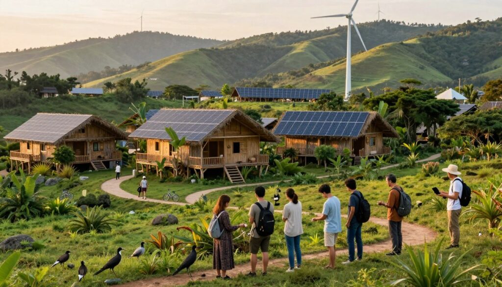 A serene landscape depicting sustainable tourism in harmony with nature. In the foreground, a diverse group of travelers, dressed in modest casual clothing, are engaging with local wildlife, such as feeding birds or observing plants, exhibiting respect for their surroundings. In the middle ground, a picturesque eco-lodge made of natural materials blends seamlessly into the lush greenery, surrounded by bicycle paths and hiking trails. The background showcases rolling hills with solar panels and wind turbines, symbolizing renewable energy. The scene is illuminated by soft, golden hour lighting, casting a warm glow over the environment. The mood is peaceful and harmonious, conveying the essence of eco-friendly travel and sustainable practices, inviting viewers to appreciate and protect the natural world while exploring it. A serene landscape depicting sustainable tourism in harmony with nature. In the foreground, a diverse group of travelers, dressed in modest casual clothing, are engaging with local wildlife, such as feeding birds or observing plants, exhibiting respect for their surroundings. In the middle ground, a picturesque eco-lodge made of natural materials blends seamlessly into the lush greenery, surrounded by bicycle paths and hiking trails. The background showcases rolling hills with solar panels and wind turbines, symbolizing renewable energy. The scene is illuminated by soft, golden hour lighting, casting a warm glow over the environment. The mood is peaceful and harmonious, conveying the essence of eco-friendly travel and sustainable practices, inviting viewers to appreciate and protect the natural world while exploring it.