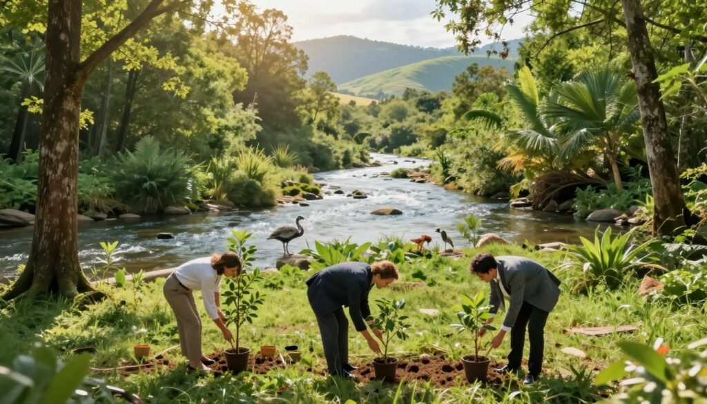 A serene landscape illustrating the concept of carbon offsetting, featuring a lush green forest in the foreground, where a diverse group of three people dressed in professional business attire, engaged in planting young trees. The middle ground includes a clear, flowing river surrounded by healthy flora and fauna, symbolizing a thriving ecosystem. In the background, distant rolling hills are bathed in soft, golden sunlight, creating an uplifting and hopeful atmosphere. The image should be bright and inviting, captured from a slightly elevated angle to encompass the expansive natural beauty while focusing on the planting activity. The overall mood should convey sustainability, harmony with nature, and a sense of responsibility towards the environment.