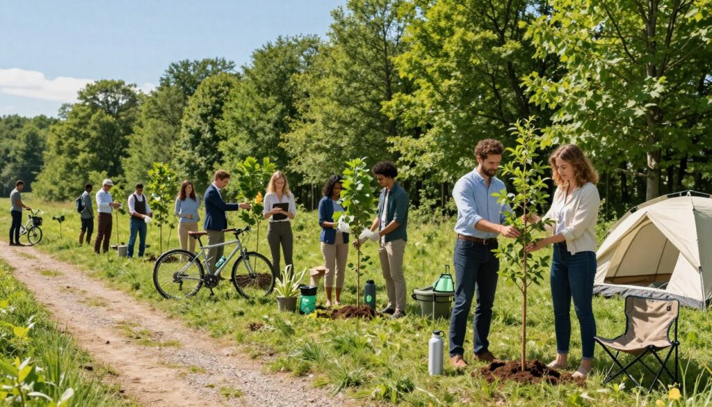 A serene landscape showcasing a sustainable travel scene. In the foreground, a diverse group of travelers, dressed in professional casual attire, engage in planting young trees and native plants, symbolizing carbon offsetting. The middle ground features a bicycle parked beside a trail, a reusable water bottle nestled in the grass, and eco-friendly camping gear. The background showcases a lush green forest under a clear blue sky, with soft sunlight filtering through the leaves, casting gentle shadows. The atmosphere is uplifting and hopeful, reflecting a commitment to eco-friendly practices. Capture the scene at eye level, with a focus on the vibrancy of nature and the active role of travelers in preserving it. A serene landscape showcasing a sustainable travel scene. In the foreground, a diverse group of travelers, dressed in professional casual attire, engage in planting young trees and native plants, symbolizing carbon offsetting. The middle ground features a bicycle parked beside a trail, a reusable water bottle nestled in the grass, and eco-friendly camping gear. The background showcases a lush green forest under a clear blue sky, with soft sunlight filtering through the leaves, casting gentle shadows. The atmosphere is uplifting and hopeful, reflecting a commitment to eco-friendly practices. Capture the scene at eye level, with a focus on the vibrancy of nature and the active role of travelers in preserving it.