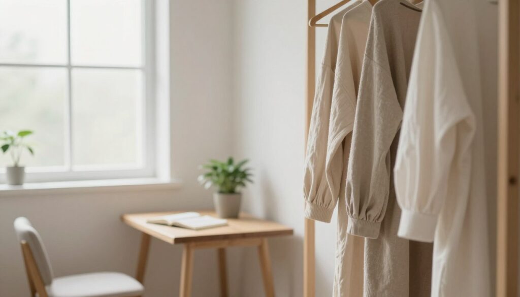 A serene living space showcasing the benefits of a minimalist lifestyle. In the foreground, a neatly organized closet with a few essential clothing pieces hanging, all in neutral tones, symbolizing a minimalist wardrobe. In the middle ground, a cozy, uncluttered room with soft natural light streaming through a large window, illuminating a small wooden table with a single potted plant and a journal, encouraging a sense of reflection and simplicity. The background features a calm, minimalistic decor with clean lines and gentle colors, enhancing the atmosphere of tranquility and focus. Shot with a soft focus lens, conveying warmth and inviting tranquility, embodying the essence of minimalism. The overall mood should be peaceful, inspiring clarity and mindfulness. A serene living space showcasing the benefits of a minimalist lifestyle. In the foreground, a neatly organized closet with a few essential clothing pieces hanging, all in neutral tones, symbolizing a minimalist wardrobe. In the middle ground, a cozy, uncluttered room with soft natural light streaming through a large window, illuminating a small wooden table with a single potted plant and a journal, encouraging a sense of reflection and simplicity. The background features a calm, minimalistic decor with clean lines and gentle colors, enhancing the atmosphere of tranquility and focus. Shot with a soft focus lens, conveying warmth and inviting tranquility, embodying the essence of minimalism. The overall mood should be peaceful, inspiring clarity and mindfulness.