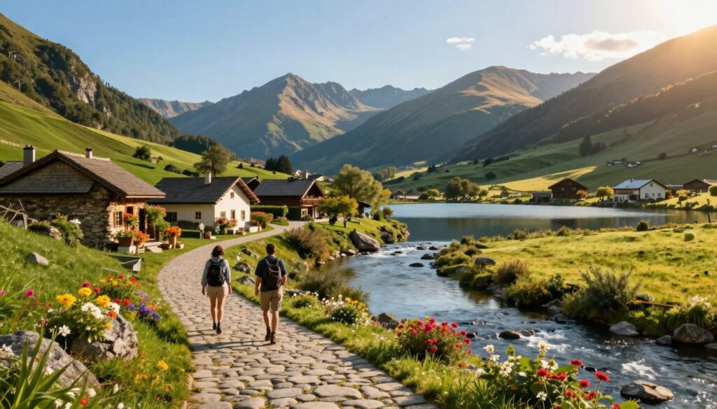 A serene, off-the-beaten-path destination featuring a hidden village nestled between lush, rolling hills and a sparkling river. In the foreground, a winding cobblestone path leads toward charming, rustic cottages adorned with vibrant flowering plants. The middle ground showcases a small, tranquil lake reflecting the clear blue sky, while content travelers in modest hiking attire enjoy the scenery. In the background, majestic mountains rise under a soft golden sunlight, creating a warm and inviting atmosphere. The lighting is gentle, casting a soft glow over the landscape. The angle captures the scenic beauty from a slightly elevated perspective, suggesting a sense of discovery and adventure in a peaceful, untouched environment. The mood is calm and inspiring, ideal for evoking the beauty of sustainable travel.
