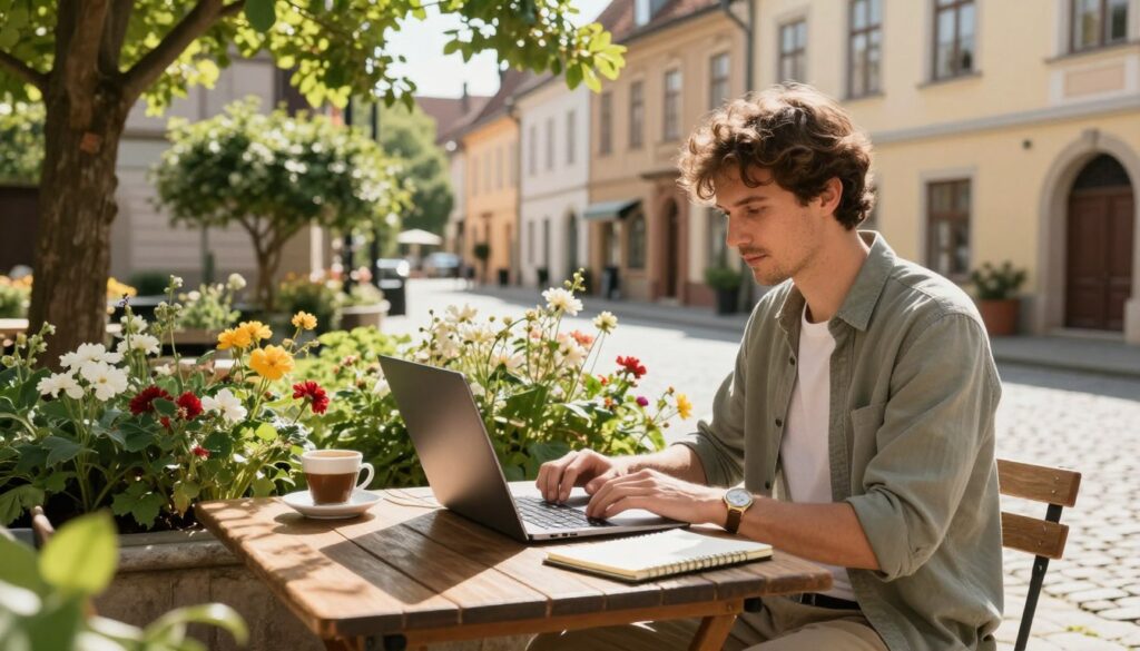 A serene outdoor workspace featuring a digital nomad setup in a picturesque European setting. In the foreground, a wooden table is adorned with a laptop, a notepad, and a cup of coffee. A casually dressed professional, wearing smart but relaxed attire, is focused on their work. In the middle ground, lush greenery and blooming flowers enhance the atmosphere. The background reveals a charming cobblestone street with quaint European architecture, hinting at historical influences. Warm, natural sunlight filters through leaves, casting dappled shadows and evoking a sense of tranquility and productivity. The overall mood is inspiring and inviting, perfect for remote work amidst cultural richness. A serene outdoor workspace featuring a digital nomad setup in a picturesque European setting. In the foreground, a wooden table is adorned with a laptop, a notepad, and a cup of coffee. A casually dressed professional, wearing smart but relaxed attire, is focused on their work. In the middle ground, lush greenery and blooming flowers enhance the atmosphere. The background reveals a charming cobblestone street with quaint European architecture, hinting at historical influences. Warm, natural sunlight filters through leaves, casting dappled shadows and evoking a sense of tranquility and productivity. The overall mood is inspiring and inviting, perfect for remote work amidst cultural richness.