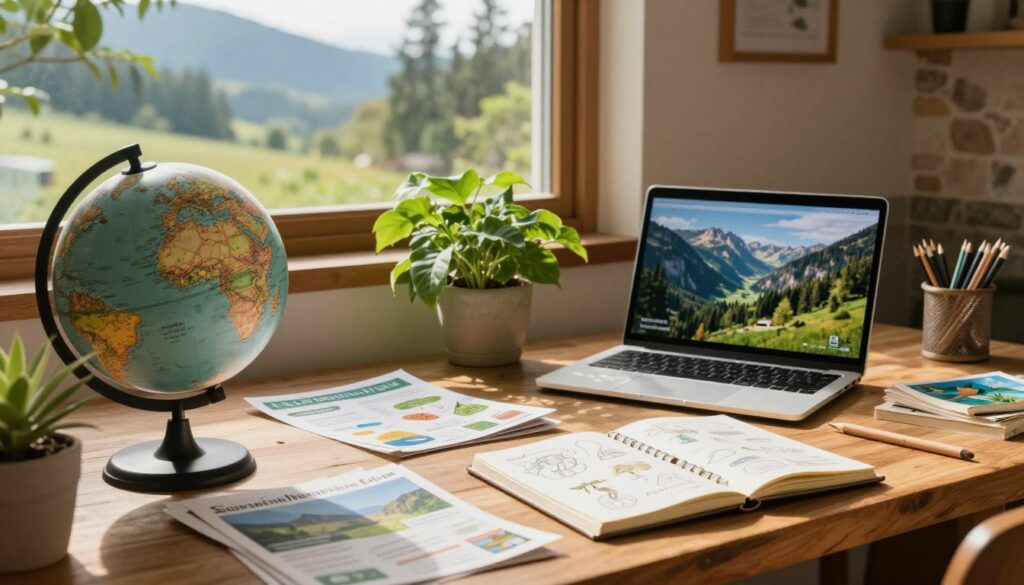 A serene scene of a sustainable travel planner's workspace, filled with eco-friendly materials. In the foreground, a wooden table cluttered with a globe, a laptop displaying beautiful sustainable travel destinations, and a notebook filled with sketches and ideas. The middle ground shows a lush, green plant and travel brochures made from recycled paper. In the background, a sunny window reveals a vibrant landscape of mountains and trees. Soft, warm lighting filters through, creating an inviting atmosphere. The room is designed with natural materials like wood and stone, enhancing the eco-friendly vibe. The camera angle is slightly tilted to capture an inviting perspective, emphasizing a mood of creativity and inspiration for planning an eco-conscious journey. A serene scene of a sustainable travel planner's workspace, filled with eco-friendly materials. In the foreground, a wooden table cluttered with a globe, a laptop displaying beautiful sustainable travel destinations, and a notebook filled with sketches and ideas. The middle ground shows a lush, green plant and travel brochures made from recycled paper. In the background, a sunny window reveals a vibrant landscape of mountains and trees. Soft, warm lighting filters through, creating an inviting atmosphere. The room is designed with natural materials like wood and stone, enhancing the eco-friendly vibe. The camera angle is slightly tilted to capture an inviting perspective, emphasizing a mood of creativity and inspiration for planning an eco-conscious journey.