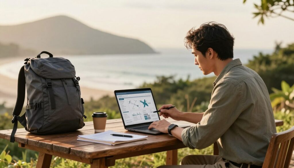 A serene workspace set outdoors, featuring a professional looking individual in smart casual attire, sitting at a rustic wooden table with a laptop open, reviewing travel plans and work tasks. In the foreground, a travel backpack and a coffee cup hint at mobility and adventure. The middle ground shows a picturesque landscape of mountains or beach, evoking a sense of freedom and exploration. The background features soft-focus greenery or ocean waves, enhancing the tranquil atmosphere. Golden hour lighting bathes the scene in warm, inviting tones, casting gentle shadows that create depth. The overall mood is one of inspiration and reflection, inviting viewers to consider the balance between work and travel.