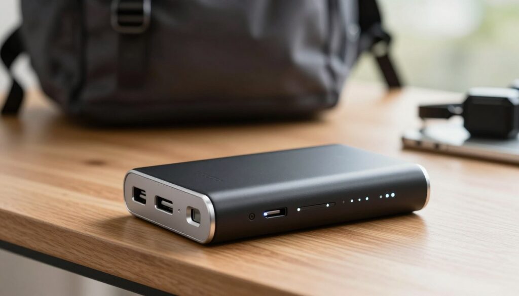 A sleek, modern portable power bank charger rests on a wooden table, captured in a high-resolution close-up shot. The charger has a matte black finish with silver accents, showcasing multiple charging ports and LED indicators. In the background, a blurred backpack and travel accessories evoke a sense of adventure, while soft natural light floods the scene, creating a warm and inviting atmosphere. The angle of the shot highlights the power bank’s compact design, emphasizing its portability. The image conveys a sense of innovation and practicality, ideal for travel enthusiasts seeking reliable gadgets. No text, watermarks, or signatures are included. A sleek, modern portable power bank charger rests on a wooden table, captured in a high-resolution close-up shot. The charger has a matte black finish with silver accents, showcasing multiple charging ports and LED indicators. In the background, a blurred backpack and travel accessories evoke a sense of adventure, while soft natural light floods the scene, creating a warm and inviting atmosphere. The angle of the shot highlights the power bank’s compact design, emphasizing its portability. The image conveys a sense of innovation and practicality, ideal for travel enthusiasts seeking reliable gadgets. No text, watermarks, or signatures are included.