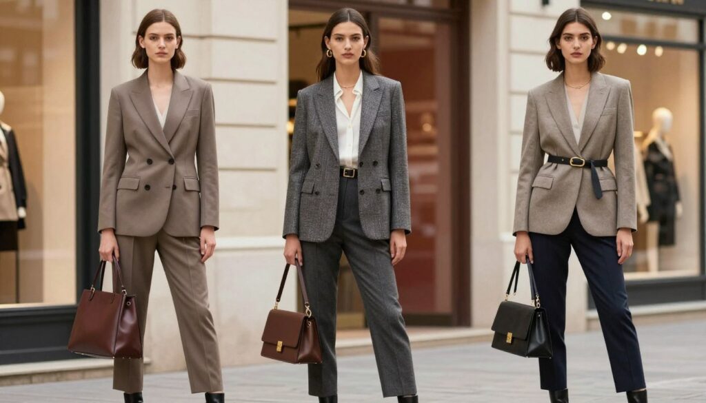 A sophisticated fashion-forward scene showcasing a diverse group of three models elegantly demonstrating the art of proportions and balance in their outfits. In the foreground, the models wear stylish, well-tailored clothing that complements each individual's body shape, including a fitted blazer, high-waisted trousers, and sleek ankle boots. The middle ground features a harmonious arrangement of fashion accessories, such as structured bags and statement belts that enhance their looks. Soft, natural lighting illuminates the scene, creating a warm atmosphere that emphasizes the textures of the fabrics. The background is a chic urban setting with subtly blurred vibrant storefronts, enhancing the focus on the models. The overall mood conveys a sense of confidence and elegance, perfectly encapsulating the essence of mastering proportions and balance in fashion.