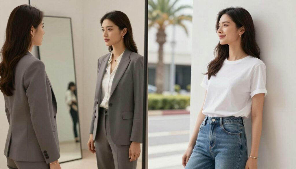 A split scene illustrating "Effort vs. Effortlessness" in style. On the left, a woman dressed in a highly coordinated, polished outfit, showcasing meticulous styling and attention to detail, such as perfectly tailored clothing and intricate accessories, standing in front of a full-length mirror with a focused expression. On the right, another woman radiating an effortless chic vibe in a relaxed, simple ensemble—think a classic white t-shirt, well-fitted jeans, and minimalistic accessories—leaning casually against a wall with a serene smile. Soft, natural lighting enhances the mood, while a blurred urban backdrop with palm trees provides context. The angle captures both women in profile, emphasizing the contrast between their styles while maintaining an overall harmonious atmosphere. A split scene illustrating "Effort vs. Effortlessness" in style. On the left, a woman dressed in a highly coordinated, polished outfit, showcasing meticulous styling and attention to detail, such as perfectly tailored clothing and intricate accessories, standing in front of a full-length mirror with a focused expression. On the right, another woman radiating an effortless chic vibe in a relaxed, simple ensemble—think a classic white t-shirt, well-fitted jeans, and minimalistic accessories—leaning casually against a wall with a serene smile. Soft, natural lighting enhances the mood, while a blurred urban backdrop with palm trees provides context. The angle captures both women in profile, emphasizing the contrast between their styles while maintaining an overall harmonious atmosphere.