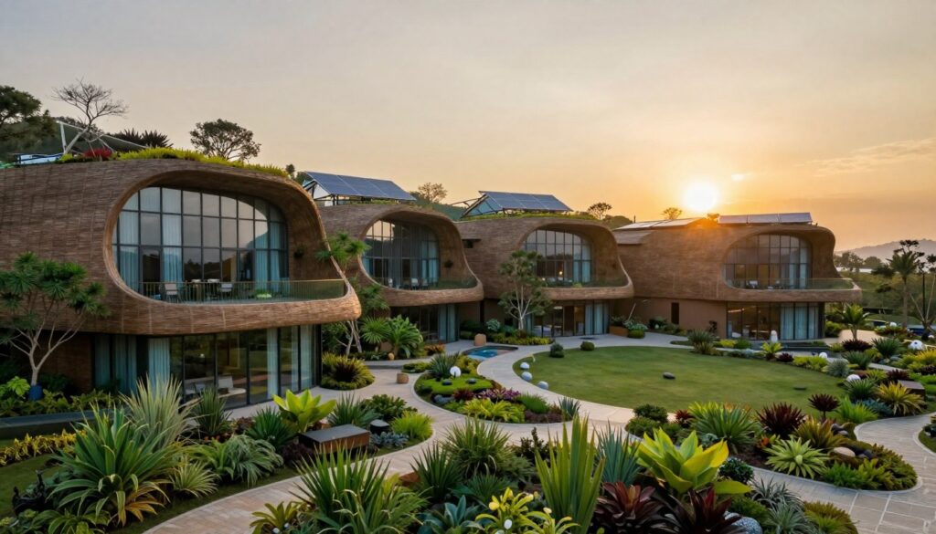 A stunning eco-conscious hotel designed with innovative architecture, featuring organic shapes and sustainable materials. In the foreground, a beautifully landscaped garden with native plants surrounds the building, showcasing biodiversity. The middle layer displays the hotel structure, incorporating large glass panels for natural light, green roofs, and solar panels, seamlessly blending modern design with nature. In the background, a picturesque sunset bathes the scene in warm golden light, creating a tranquil atmosphere. Use a wide-angle lens to capture the grandeur of the building and its harmonious connection with the environment. The color palette should reflect earthy tones complemented by vibrant greens, evoking a sense of luxury, serenity, and sustainability. A stunning eco-conscious hotel designed with innovative architecture, featuring organic shapes and sustainable materials. In the foreground, a beautifully landscaped garden with native plants surrounds the building, showcasing biodiversity. The middle layer displays the hotel structure, incorporating large glass panels for natural light, green roofs, and solar panels, seamlessly blending modern design with nature. In the background, a picturesque sunset bathes the scene in warm golden light, creating a tranquil atmosphere. Use a wide-angle lens to capture the grandeur of the building and its harmonious connection with the environment. The color palette should reflect earthy tones complemented by vibrant greens, evoking a sense of luxury, serenity, and sustainability.
