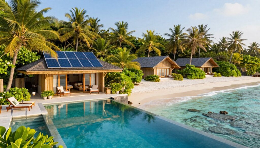 A stunning private island sustainable hotel nestled among lush tropical greenery, featuring eco-friendly architecture with solar panels and bamboo accents. In the foreground, a tranquil infinity pool reflects the azure sky, surrounded by tasteful lounge chairs. The middle ground showcases the hotel with large windows and greenery, seamlessly blending with nature. The background includes gentle waves lapping at pristine white sandy beaches and a vibrant coral reef visible in the crystal-clear waters. Soft sunlight bathes the scene in warm, inviting tones, creating a serene and tranquil atmosphere. Capture this image with a wide-angle lens to encompass the beauty of both the hotel and its pristine natural surroundings, emphasizing the theme of sustainability and eco-conscious luxury. The overall mood is peaceful, uplifting, and harmonious with nature. A stunning private island sustainable hotel nestled among lush tropical greenery, featuring eco-friendly architecture with solar panels and bamboo accents. In the foreground, a tranquil infinity pool reflects the azure sky, surrounded by tasteful lounge chairs. The middle ground showcases the hotel with large windows and greenery, seamlessly blending with nature. The background includes gentle waves lapping at pristine white sandy beaches and a vibrant coral reef visible in the crystal-clear waters. Soft sunlight bathes the scene in warm, inviting tones, creating a serene and tranquil atmosphere. Capture this image with a wide-angle lens to encompass the beauty of both the hotel and its pristine natural surroundings, emphasizing the theme of sustainability and eco-conscious luxury. The overall mood is peaceful, uplifting, and harmonious with nature.