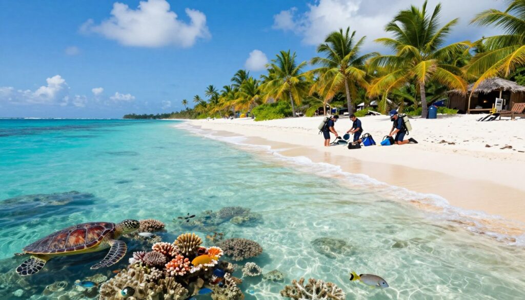 A stunning shore diving hotspot in Bonaire, showcasing a tranquil beach scene with crystal-clear turquoise waters gently lapping against the pristine white sand. In the foreground, colorful coral reefs are visible just below the water's surface, teeming with vibrant marine life like tropical fish and sea turtles. The middle ground features a group of divers in modest swim attire preparing their gear on the sandy shoreline, exuding a sense of excitement and adventure. The background is adorned with lush, green palm trees swaying in a light breeze under a bright blue sky dotted with fluffy white clouds, enhancing the idyllic tropical atmosphere. The overall lighting is warm and inviting, capturing the essence of a perfect day for scuba diving. The angle is slightly elevated, offering a panoramic view of this diver's paradise. A stunning shore diving hotspot in Bonaire, showcasing a tranquil beach scene with crystal-clear turquoise waters gently lapping against the pristine white sand. In the foreground, colorful coral reefs are visible just below the water's surface, teeming with vibrant marine life like tropical fish and sea turtles. The middle ground features a group of divers in modest swim attire preparing their gear on the sandy shoreline, exuding a sense of excitement and adventure. The background is adorned with lush, green palm trees swaying in a light breeze under a bright blue sky dotted with fluffy white clouds, enhancing the idyllic tropical atmosphere. The overall lighting is warm and inviting, capturing the essence of a perfect day for scuba diving. The angle is slightly elevated, offering a panoramic view of this diver's paradise.