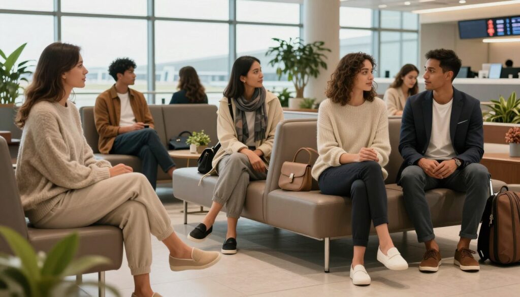 A stylish airport lounge scene showcasing outfit ideas for long flights. In the foreground, a diverse group of travelers wears comfortable yet chic attire: soft, oversized sweaters, tailored joggers, and elegant slip-on shoes. A woman sports a trendy, lightweight jacket with a scarf, while a man opts for a smart-casual look with a fitted t-shirt under a blazer. In the middle, a spacious area filled with large windows allows natural light to flood in, highlighting contemporary lounge seating and potted plants. The background features an airport boarding gate, subtly indicating a travel vibe. The overall atmosphere conveys relaxation and sophistication, inviting viewers to envision themselves in stylish comfort during their travels. Use warm, inviting lighting to create a welcoming mood, with a slightly blurred effect on the background to keep focus on the outfits. A stylish airport lounge scene showcasing outfit ideas for long flights. In the foreground, a diverse group of travelers wears comfortable yet chic attire: soft, oversized sweaters, tailored joggers, and elegant slip-on shoes. A woman sports a trendy, lightweight jacket with a scarf, while a man opts for a smart-casual look with a fitted t-shirt under a blazer. In the middle, a spacious area filled with large windows allows natural light to flood in, highlighting contemporary lounge seating and potted plants. The background features an airport boarding gate, subtly indicating a travel vibe. The overall atmosphere conveys relaxation and sophistication, inviting viewers to envision themselves in stylish comfort during their travels. Use warm, inviting lighting to create a welcoming mood, with a slightly blurred effect on the background to keep focus on the outfits.