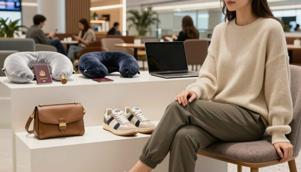A stylish and comfortable travel apparel display featuring an inviting scene set in an airport lounge. In the foreground, a fashionable traveler wearing a relaxed-fit, soft cotton oversized sweater paired with tailored joggers sits on a plush chair. Accessories include a chic crossbody bag and stylish sneakers. The middle ground showcases neatly organized travel essentials like a passport, a travel pillow, and a sleek laptop within easy reach. The background captures a softly lit lounge atmosphere with modern decor and travelers casually interacting. The warm lighting highlights the textures of the fabrics and accessories, evoking a sense of relaxation and style. The composition is framed at eye level, creating an immersive experience that embodies both comfort and elegance for the discerning traveler.