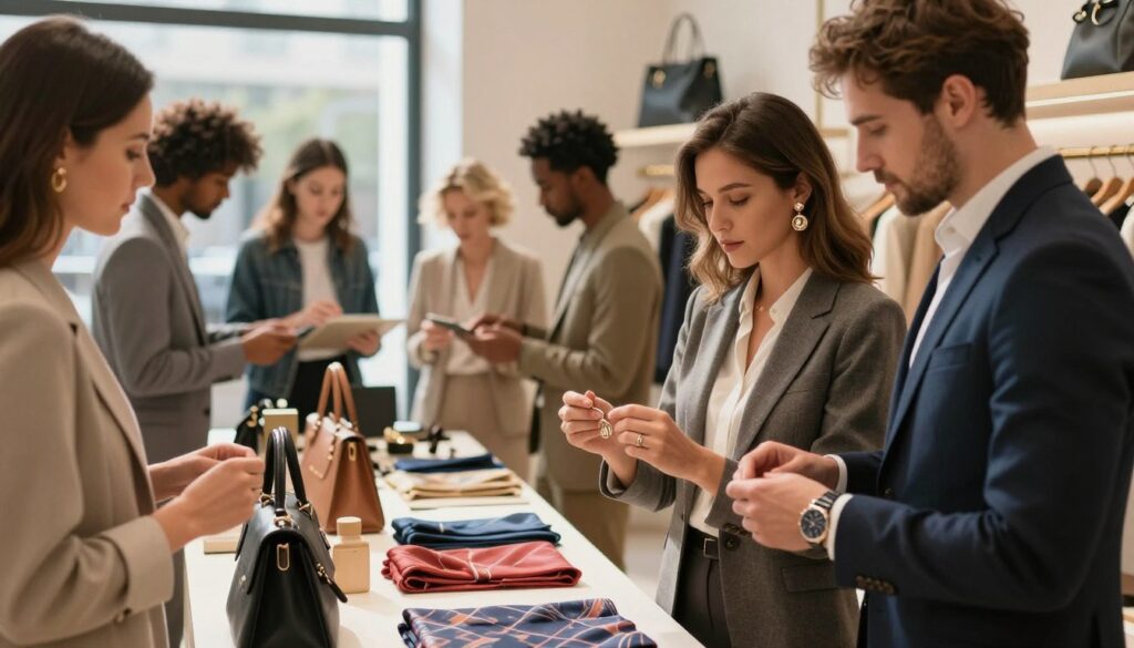 A stylish and elegant setting where a diverse group of individuals is engaged in choosing accessories tailored to different occasions. In the foreground, a woman in a chic business suit examines a pair of statement earrings, while a man in smart casual attire holds a sleek watch. The middle ground features a table adorned with a variety of accessories like scarves, ties, and handbags, organized by occasion—work, formal events, and casual outings. The background displays a fashionably decorated boutique, softly lit with natural sunlight streaming through large windows, creating an inviting atmosphere. The mood is inspirational and sophisticated, capturing the essence of thoughtful accessory selection. The image should focus on the individuals and the accessories, with subtle bokeh effects to emphasize depth and keep the attention on the accessories. A stylish and elegant setting where a diverse group of individuals is engaged in choosing accessories tailored to different occasions. In the foreground, a woman in a chic business suit examines a pair of statement earrings, while a man in smart casual attire holds a sleek watch. The middle ground features a table adorned with a variety of accessories like scarves, ties, and handbags, organized by occasion—work, formal events, and casual outings. The background displays a fashionably decorated boutique, softly lit with natural sunlight streaming through large windows, creating an inviting atmosphere. The mood is inspirational and sophisticated, capturing the essence of thoughtful accessory selection. The image should focus on the individuals and the accessories, with subtle bokeh effects to emphasize depth and keep the attention on the accessories.