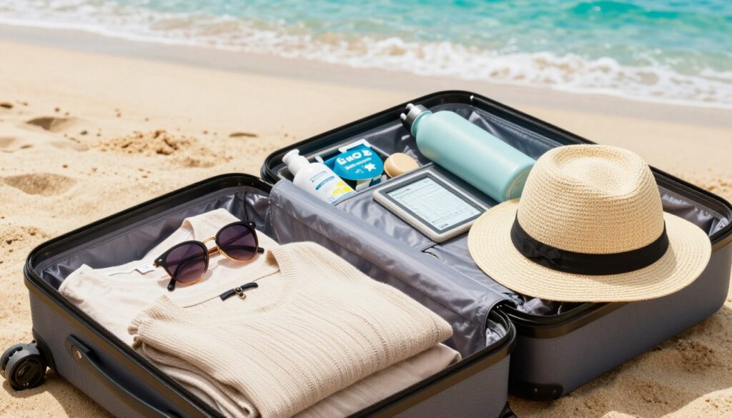 A stylish and organized travel scene featuring an open smart carry-on suitcase packed efficiently for a beach vacation. In the foreground, display neatly folded beach attire, a lightweight sweater, and essential accessories like sunglasses and a sunhat, arranged methodically. The middle section shows a well-structured packing cube with toiletries, a reusable water bottle, and a digital travel guide. The background features a vibrant beach setting with soft, golden sand and gentle turquoise waves, enhancing the vacation vibe. Use soft, natural lighting to highlight the textures of the items and create a warm atmosphere. The angle should be slightly elevated, capturing the overall scene as inviting and practical, evoking a sense of preparation and excitement for travel. A stylish and organized travel scene featuring an open smart carry-on suitcase packed efficiently for a beach vacation. In the foreground, display neatly folded beach attire, a lightweight sweater, and essential accessories like sunglasses and a sunhat, arranged methodically. The middle section shows a well-structured packing cube with toiletries, a reusable water bottle, and a digital travel guide. The background features a vibrant beach setting with soft, golden sand and gentle turquoise waves, enhancing the vacation vibe. Use soft, natural lighting to highlight the textures of the items and create a warm atmosphere. The angle should be slightly elevated, capturing the overall scene as inviting and practical, evoking a sense of preparation and excitement for travel.
