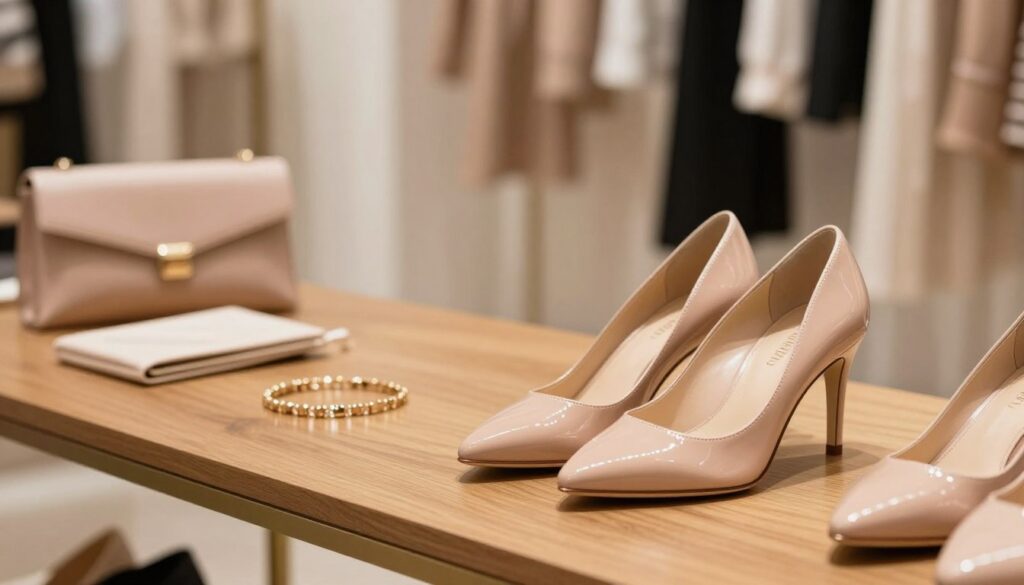 A stylish arrangement of essential nude pumps displayed elegantly. In the foreground, a pair of chic nude pumps with a sleek patent leather finish shines under soft, warm lighting. The middle layer features a polished wooden table, adorned with minimalistic fashion accessories like a delicate bracelet and a stylish clutch, enhancing the upscale vibe. In the background, a softly blurred fashion-forward environment hinting at a lavish boutique, with racks of elegant clothing and soft textures. The overall atmosphere is sophisticated and inviting, capturing the essence of high-end fashion. The composition is shot with a shallow depth of field, emphasizing the nuances of the nude pumps while maintaining a clean and professional aesthetic, exuding a sense of refined style.