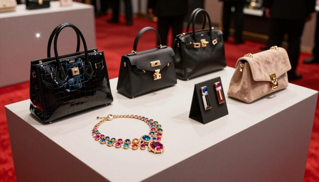 A stylish arrangement of trendsetting accessories and statement pieces displayed on a sleek, modern pedestal. In the foreground, highlight a striking oversized necklace adorned with vibrant gemstones, paired with bold geometric earrings that catch the light. In the middle ground, showcase a collection of luxurious handbags in various textures, including patent leather and suede, each with unique hardware accents. The background features a soft, blurred view of a glamorous red carpet event, with twinkling lights creating a festive atmosphere. Utilize soft, diffused lighting to enhance the elegance, focusing on the accessories, and employ a slightly elevated angle for depth. Aim for a sophisticated and fashionable mood that reflects the allure of celebrity style.