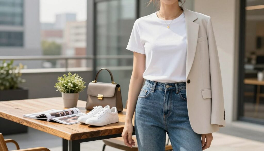 A stylish arrangement showcasing a versatile white tee in a modern urban setting. In the foreground, feature a mannequin or model wearing a crisp, fitted white tee paired with tailored high-waisted denim jeans and a light, oversized blazer. Accessories include minimalist gold jewelry and classic white sneakers, creating a chic yet casual look. The middle ground shows a rustic wooden table adorned with fashion magazines, a small potted plant, and a trendy handbag, enhancing the fashion aesthetic. The background is a softly blurred cityscape with warm daylight streaming in, creating a bright and inviting atmosphere. Capture this scene with a wide-angle lens to emphasize the overall styling trend, evoking a sense of effortless sophistication and contemporary fashion. A stylish arrangement showcasing a versatile white tee in a modern urban setting. In the foreground, feature a mannequin or model wearing a crisp, fitted white tee paired with tailored high-waisted denim jeans and a light, oversized blazer. Accessories include minimalist gold jewelry and classic white sneakers, creating a chic yet casual look. The middle ground shows a rustic wooden table adorned with fashion magazines, a small potted plant, and a trendy handbag, enhancing the fashion aesthetic. The background is a softly blurred cityscape with warm daylight streaming in, creating a bright and inviting atmosphere. Capture this scene with a wide-angle lens to emphasize the overall styling trend, evoking a sense of effortless sophistication and contemporary fashion.