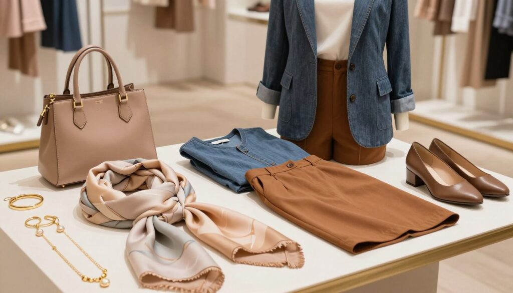 A stylish arrangement showcasing coordinating colors and materials for fashion accessories and outfits. In the foreground, a neatly arranged flat lay of elegant accessories like scarves, handbags, and jewelry in a harmonious color palette of soft pastels and rich earth tones. In the middle ground, a well-tailored outfit displayed on a mannequin, featuring textures like denim, silk, and cotton, complemented by coordinating shoes. The background features a clean, softly blurred boutique setting with warm lighting that creates a cozy atmosphere. Use a top-down angle for the flat lay and a slight side angle for the outfit, emphasizing detail and texture, evoking a sophisticated and chic mood, perfect for a fashion-focused environment. A stylish arrangement showcasing coordinating colors and materials for fashion accessories and outfits. In the foreground, a neatly arranged flat lay of elegant accessories like scarves, handbags, and jewelry in a harmonious color palette of soft pastels and rich earth tones. In the middle ground, a well-tailored outfit displayed on a mannequin, featuring textures like denim, silk, and cotton, complemented by coordinating shoes. The background features a clean, softly blurred boutique setting with warm lighting that creates a cozy atmosphere. Use a top-down angle for the flat lay and a slight side angle for the outfit, emphasizing detail and texture, evoking a sophisticated and chic mood, perfect for a fashion-focused environment.